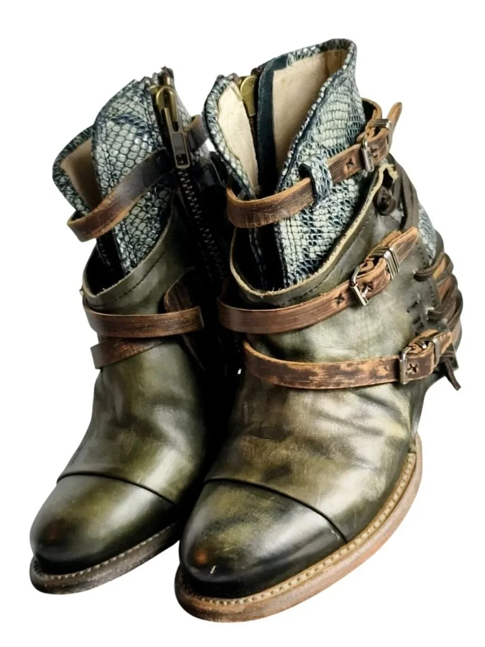 Freebird Crue Womens 7 Leather Backlace Booties Olive Green Distressed Buckle